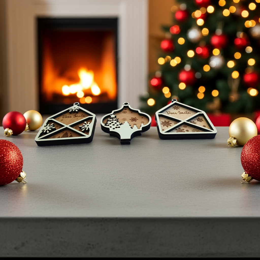 Personalise Christmas Baubles. White wood on Beech Wood. Engrave name on back.