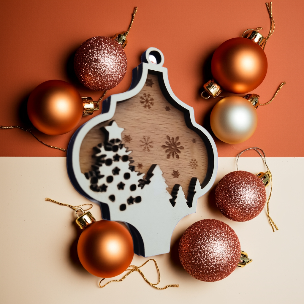 Personalise Christmas Baubles. White wood on Beech Wood. Engrave name on back.
