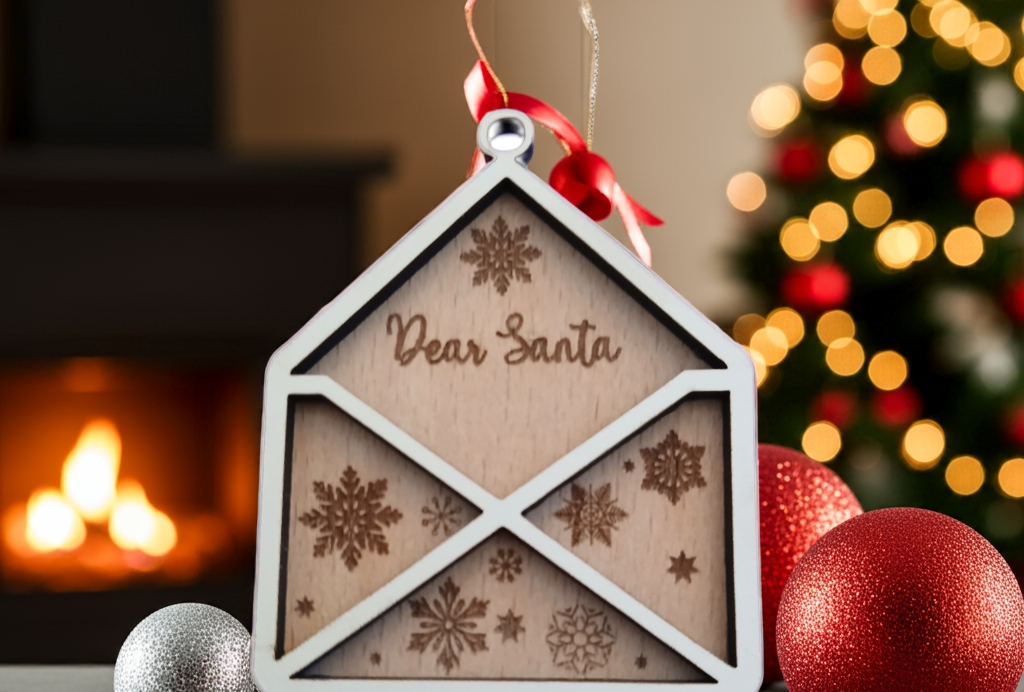 Personalise Christmas Baubles. White wood on Beech Wood. Engrave name on back.