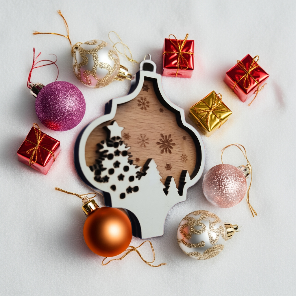 Personalise Christmas Baubles. White wood on Beech Wood. Engrave name on back.