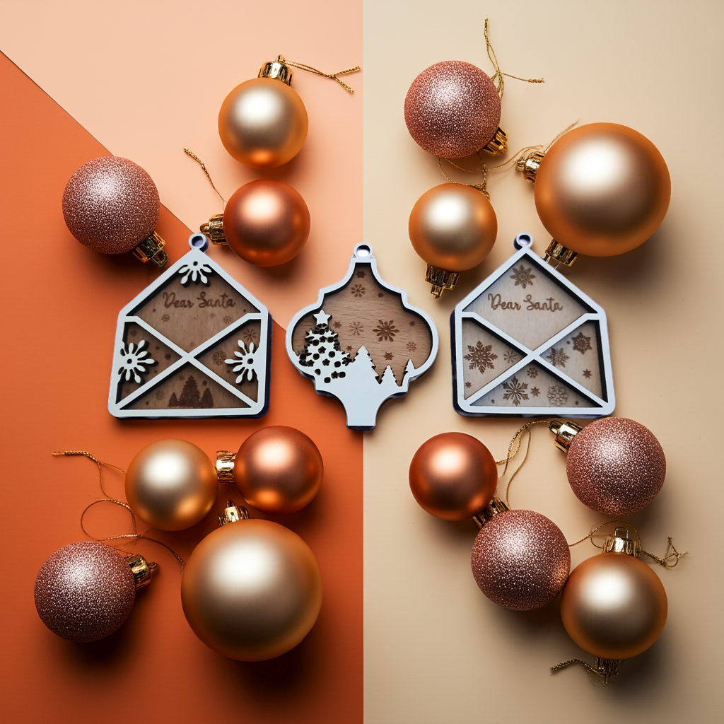 Personalise Christmas Baubles. White wood on Beech Wood. Engrave name on back.