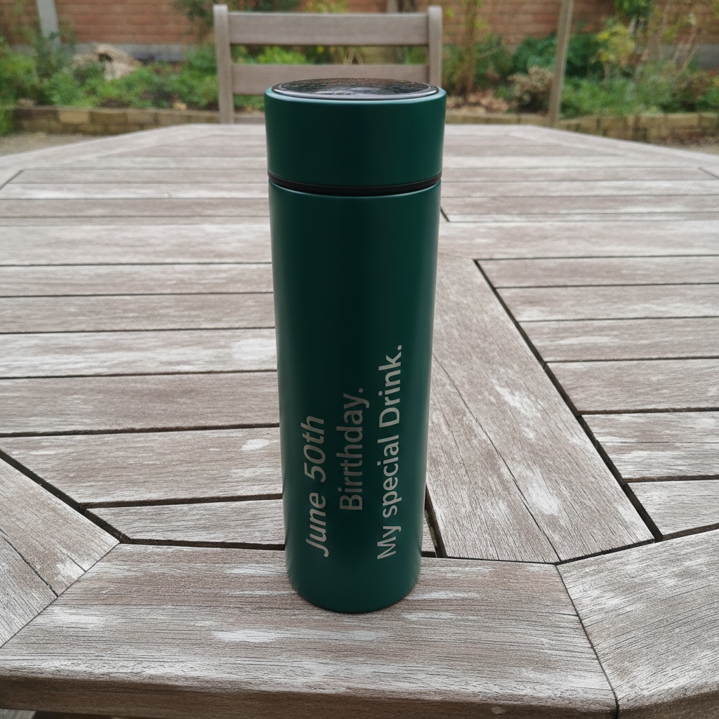 Personalised- Thermos Bottle – LED Temperature Display, Vacuum Flask ,Stainless Steel. Green. Any Text and Font.