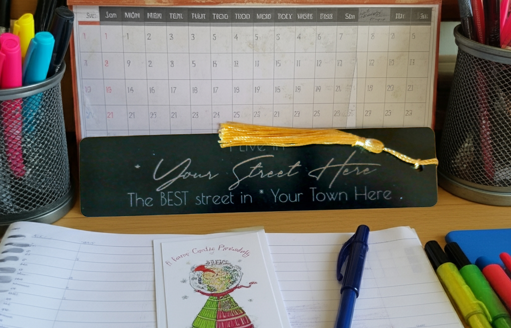 Personalised Black Wood Bookmark, with tassel. Personalise with your street and village, town or city.