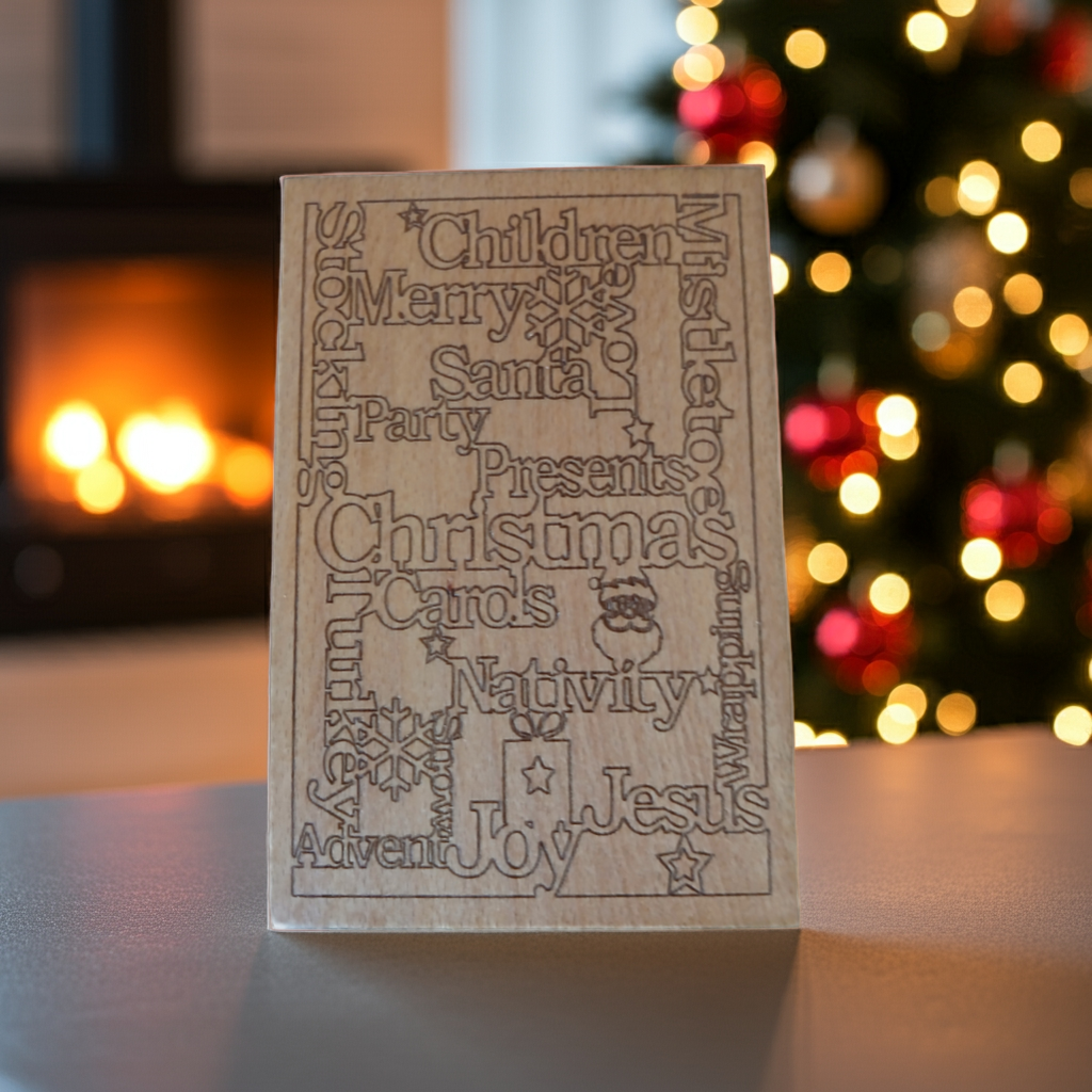 Personalised Steamed Beech Wood, Christmas Card. 150mm x 100mm x 4mm. Any font, Any Text.
