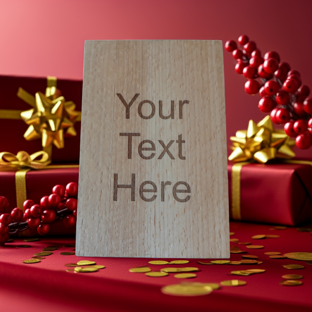 Personalised Steamed Beech Wood, Christmas Card. 150mm x 100mm x 4mm. Any font, Any Text.