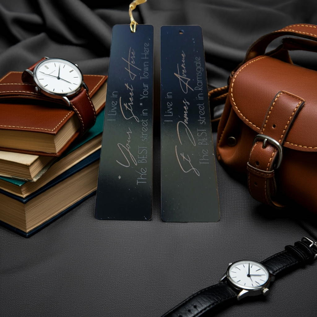 Personalised Black Wood Bookmark, with tassel. Personalise with your street and village, town or city.