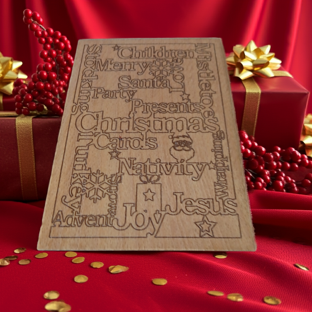 Personalised Steamed Beech Wood, Christmas Card. 150mm x 100mm x 4mm. Any font, Any Text.