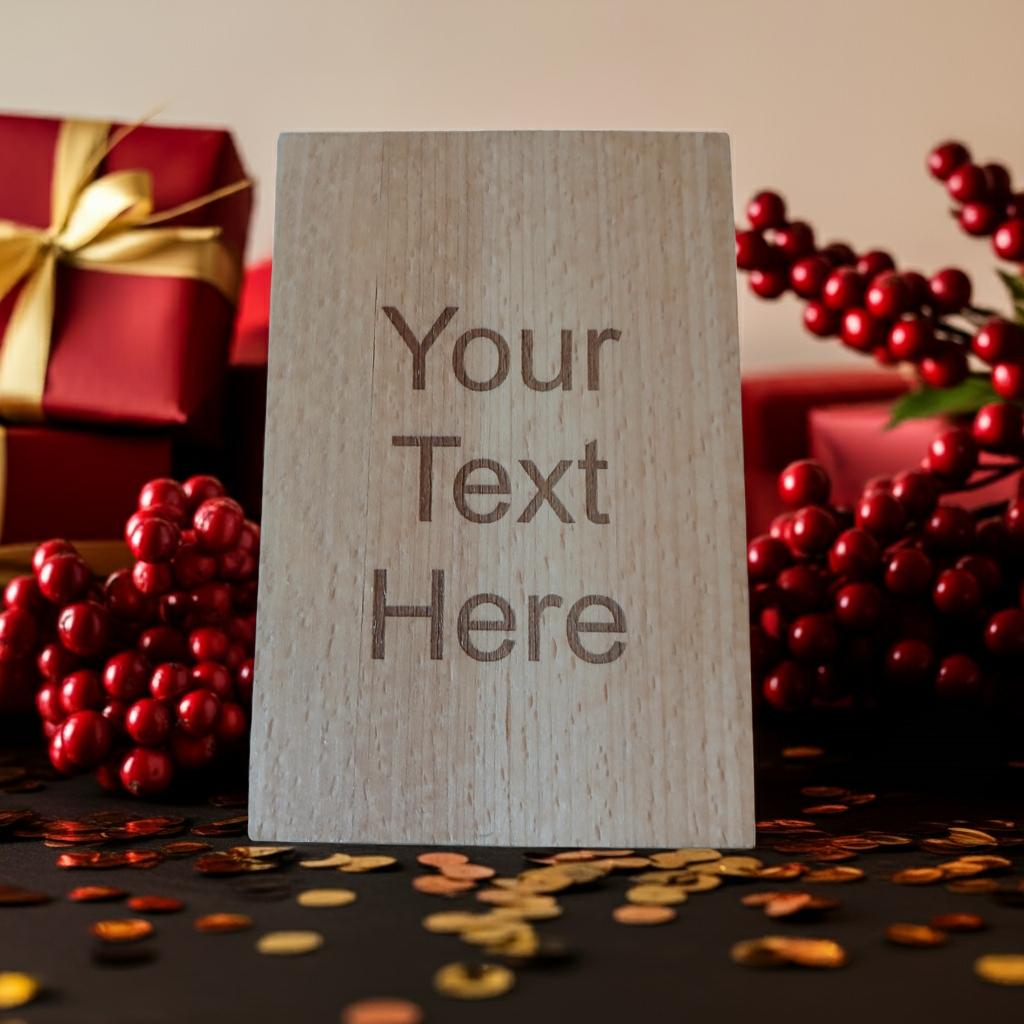 Personalised Steamed Beech Wood, Christmas Card. 150mm x 100mm x 4mm. Any font, Any Text.