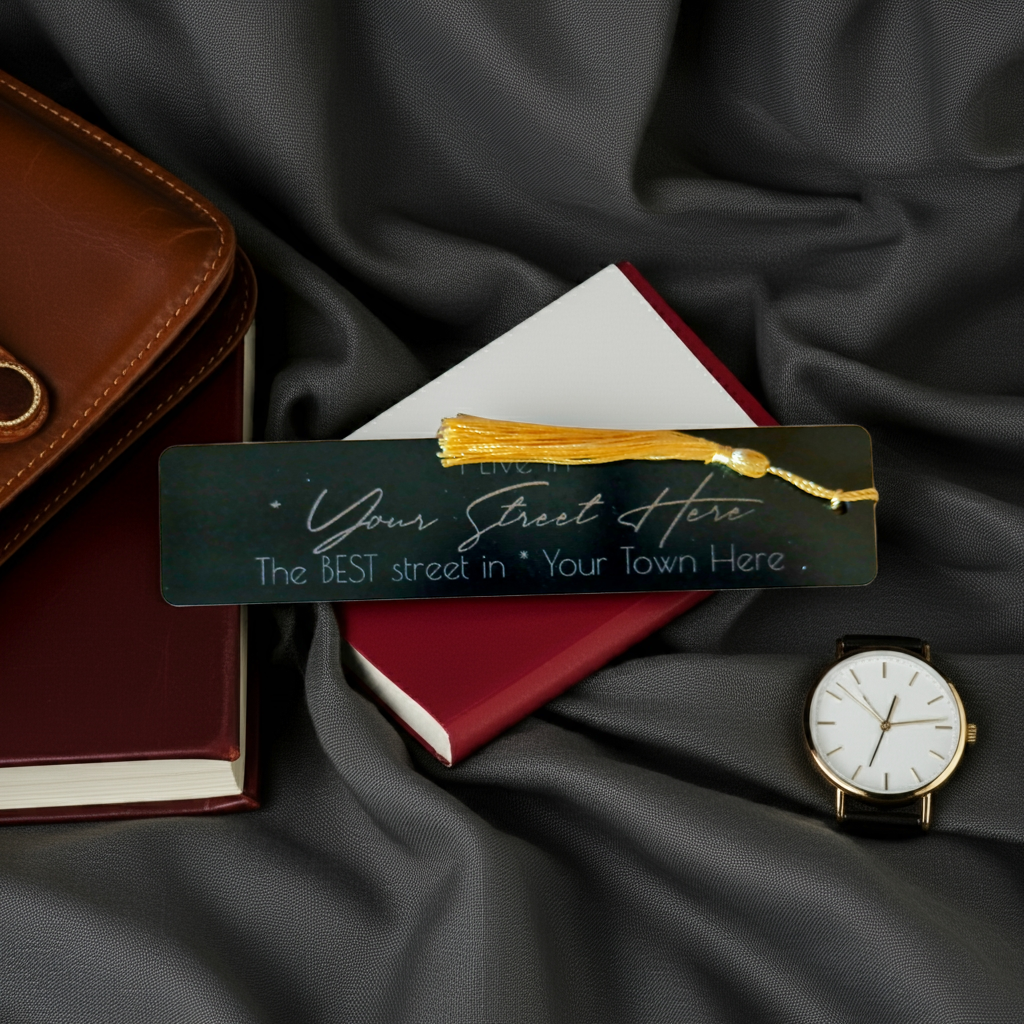 Personalised Black Wood Bookmark, with tassel. Personalise with your street and village, town or city.