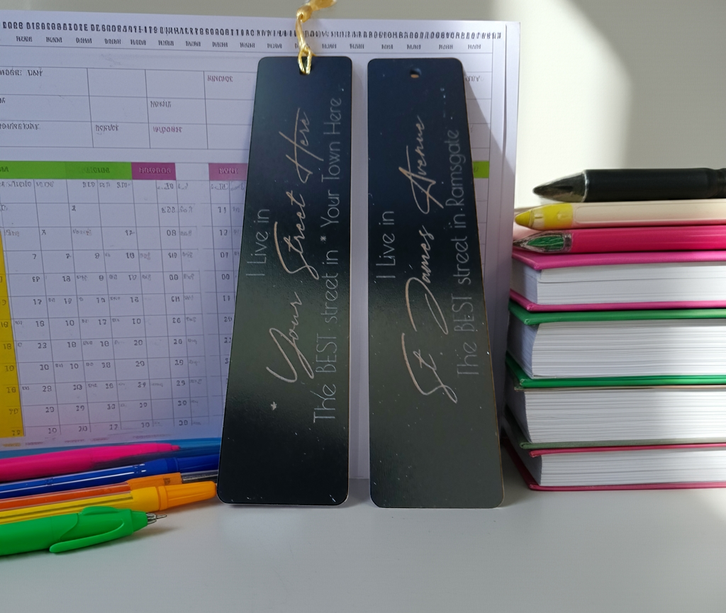 Personalised Black Wood Bookmark, with tassel. Personalise with your street and village, town or city.