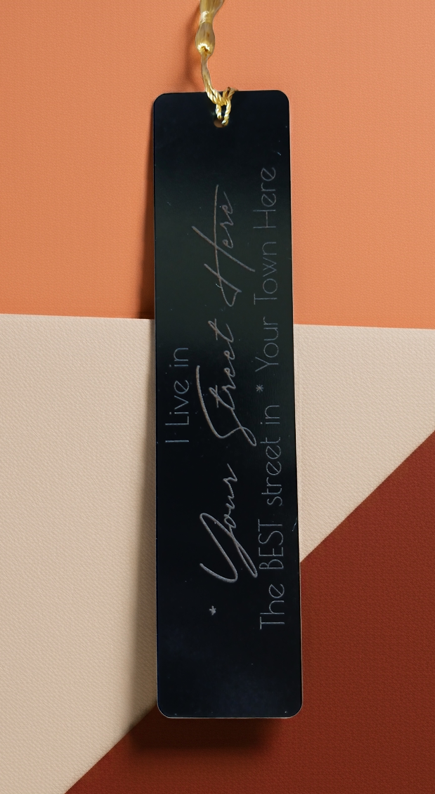 Personalised Black Wood Bookmark, with tassel. Personalise with your street and village, town or city.