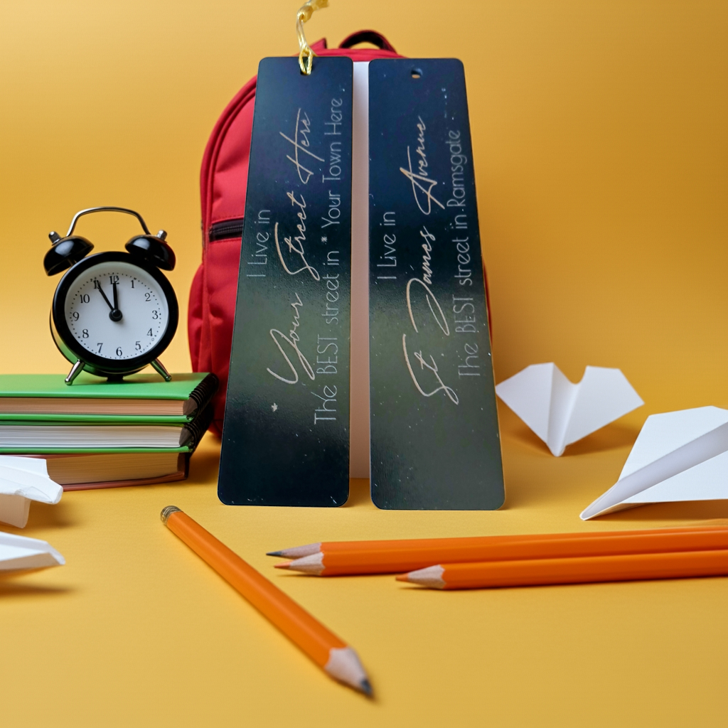 Personalised Black Wood Bookmark, with tassel. Personalise with your street and village, town or city.