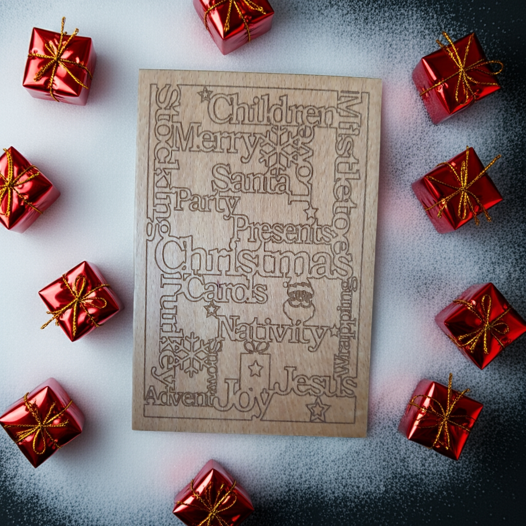 Personalised Steamed Beech Wood, Christmas Card. 150mm x 100mm x 4mm. Any font, Any Text.