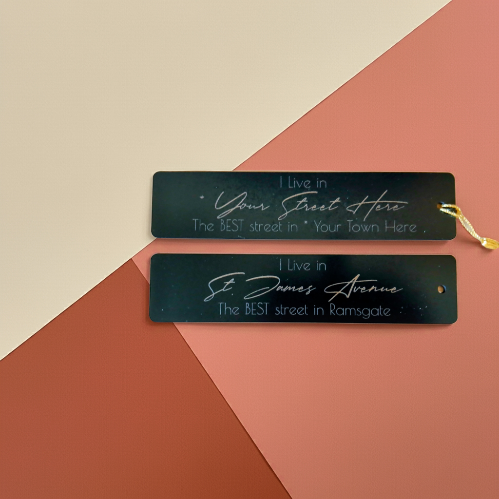 Personalised Black Wood Bookmark, with tassel. Personalise with your street and village, town or city.