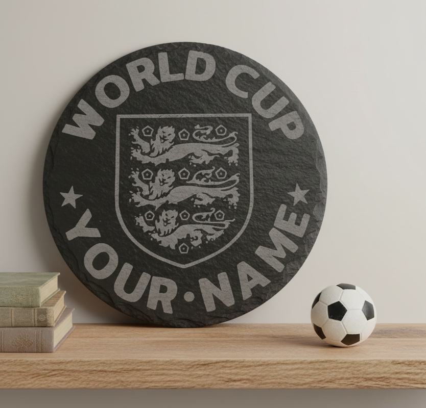 Personalised, World Cup, 30cm Round Slate Serving Platter for hot & cold food or drinks. With bumper feet and waterproofed. Any text and font.