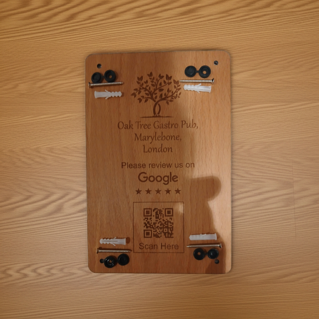 Personalised, Bespoke QR Code Wood Plaque, (Business reviews, food and drink menus, market or craft stall stock, link to business) . 260mm x 170mm x 4mm.