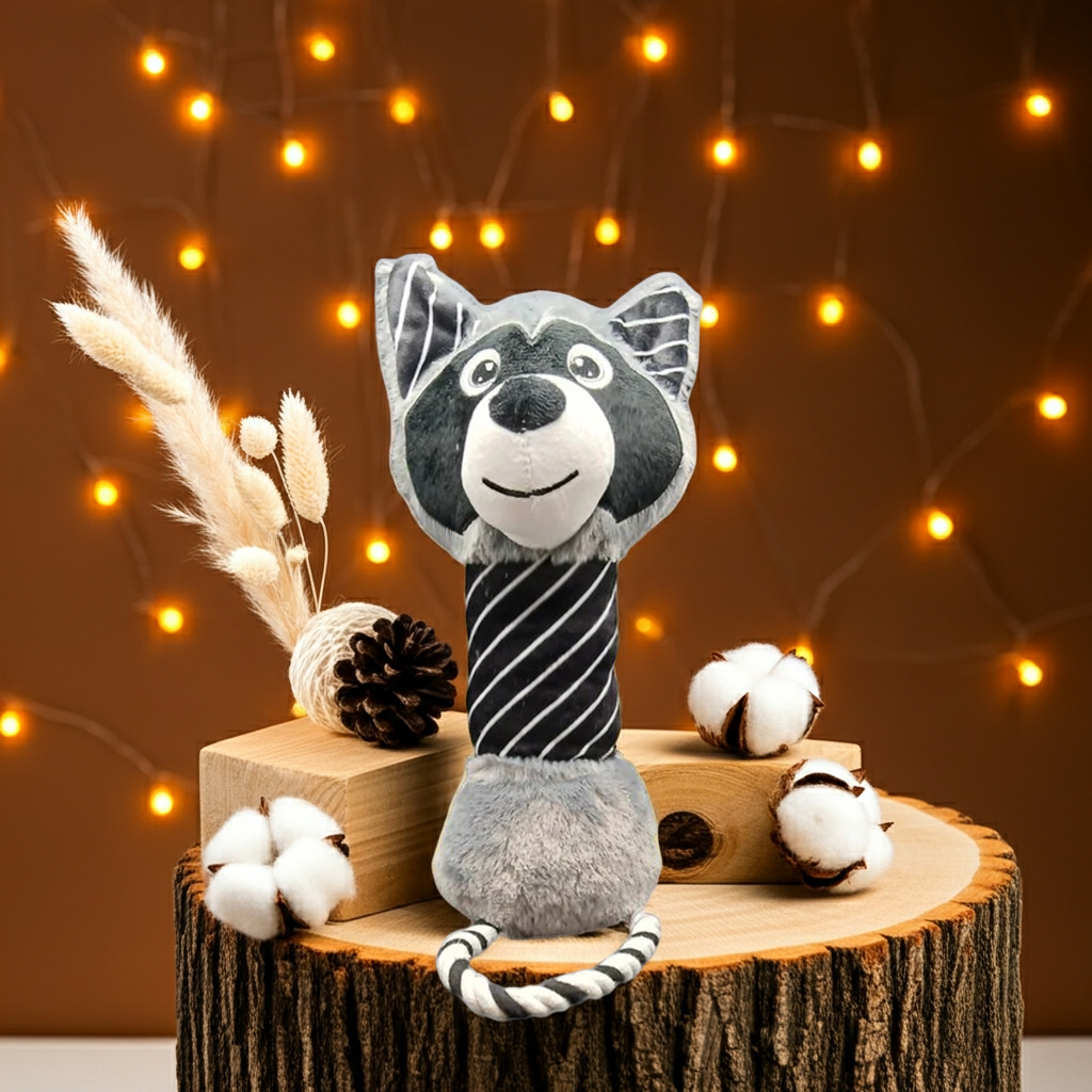 Racoon squeaky plush and rope animal dog toy. Medium to large dogs. (34cm x 12cm).