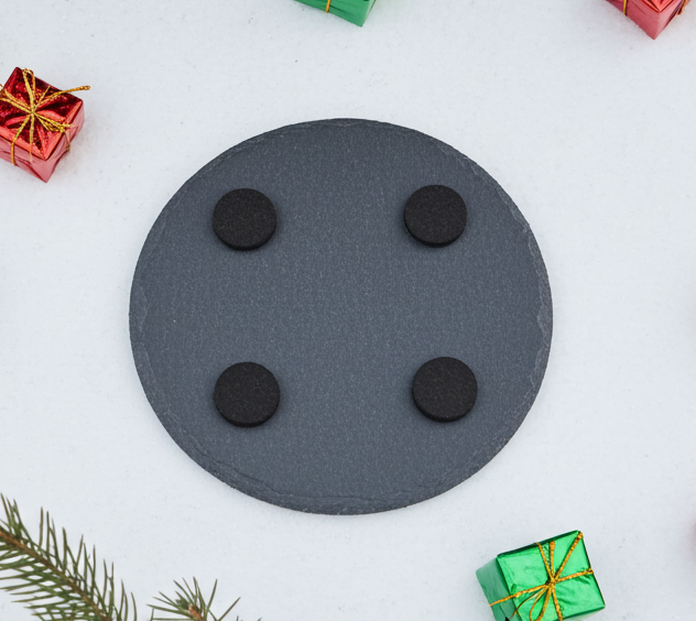 Round Natural Slate Coasters, with anti-skid feet. Personalise with any text and font -Snowman and Dog Festive Wintery Scene.