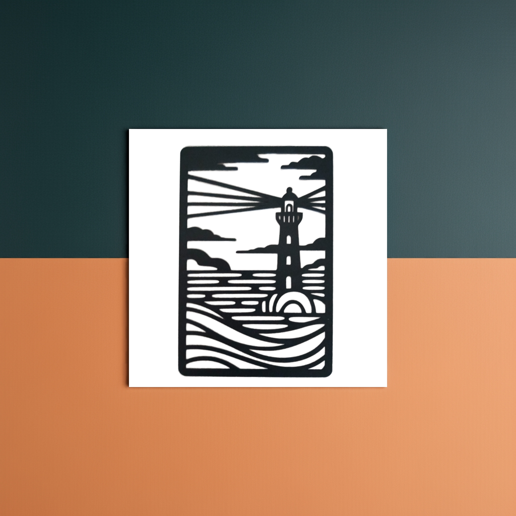 Seascape and Lighthouse Wall Art. Black Wood Cut out. 270mm x 180mm x 3mm.