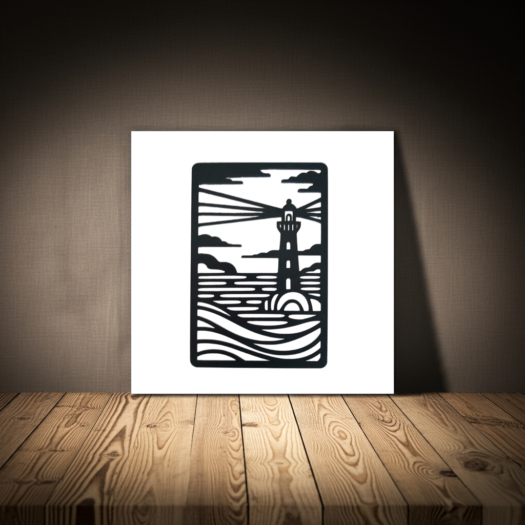 Seascape and Lighthouse Wall Art. Black Wood Cut out. 270mm x 180mm x 3mm.