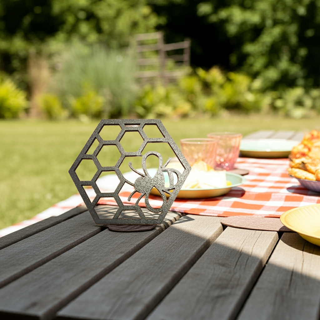 Set of 4 Black Wood Honeycomb cute outs and Bumble Bee engraved Drink Coasters.
