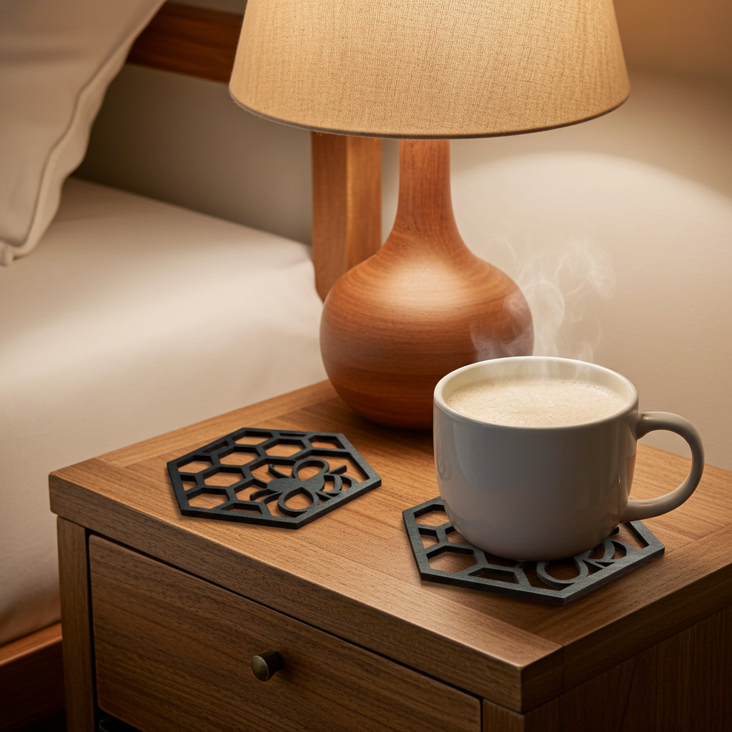 Set of 4 Black Wood Honeycomb cute outs and Bumble Bee engraved Drink Coasters.