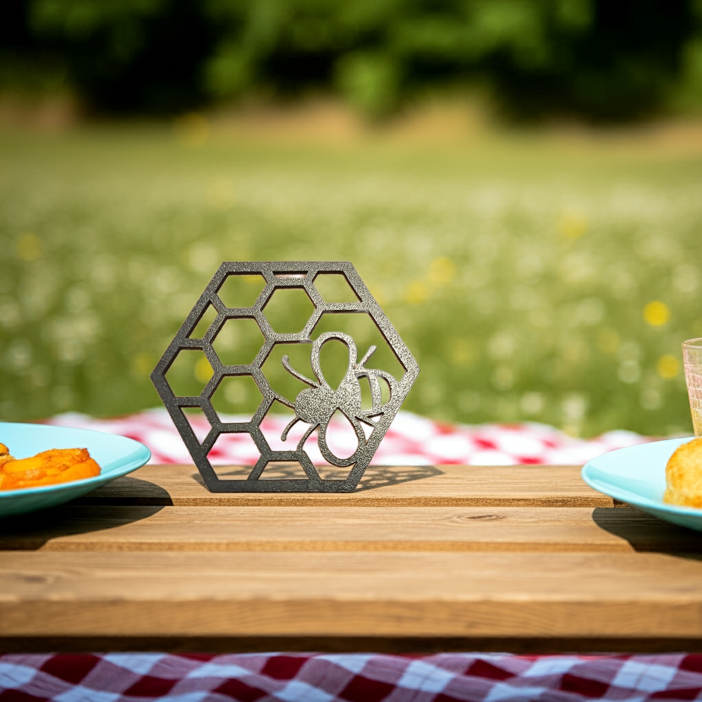 Set of 4 Black Wood Honeycomb cute outs and Bumble Bee engraved Drink Coasters.