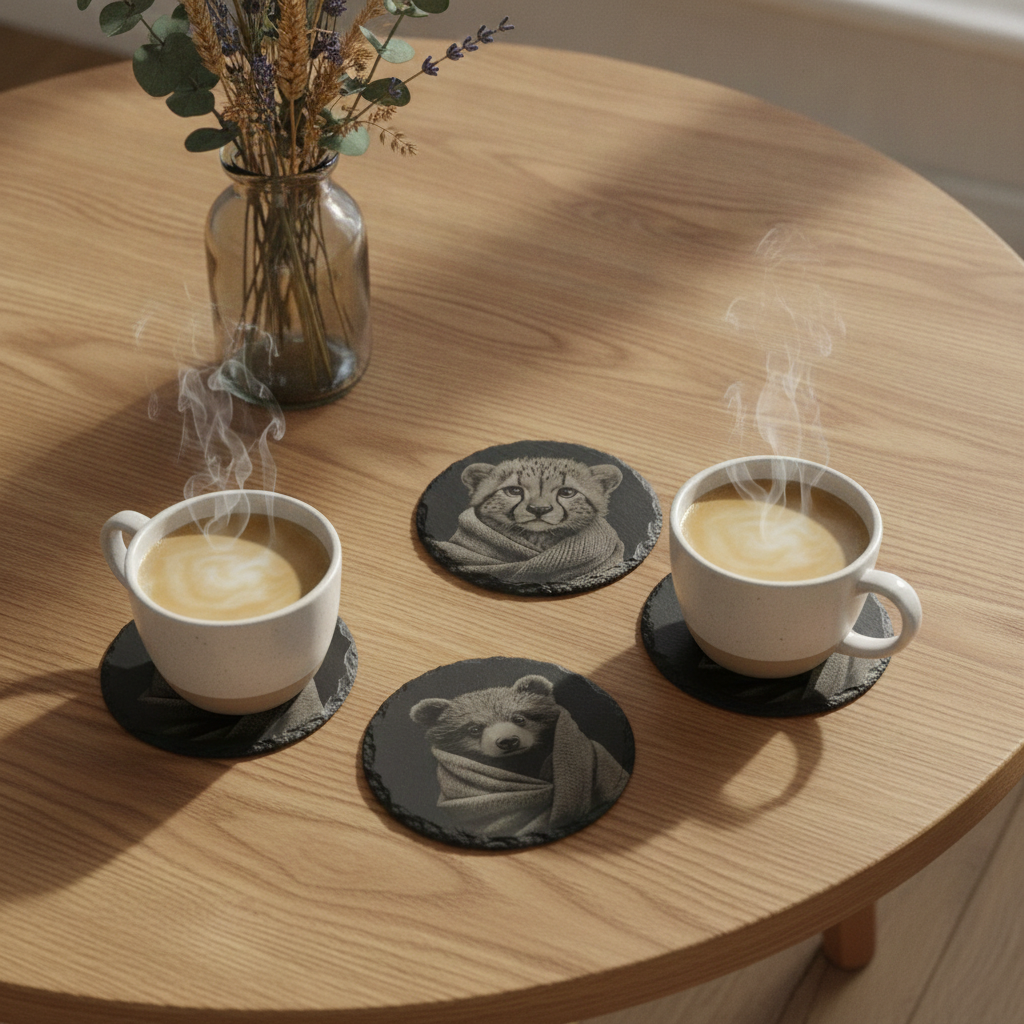 Set of 4 Laser Engraved 10cm Round Slate Coasters - High Detail Baby Bear & Cheetah Cubs in Cosy Blankets (Waterproof, Sealed, Anti-Skid)