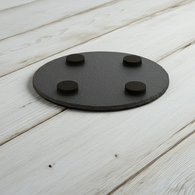Customise your own Slate Coaster, Any Font and Any Text. Round, with Bumper Feet. 10cm diameter.