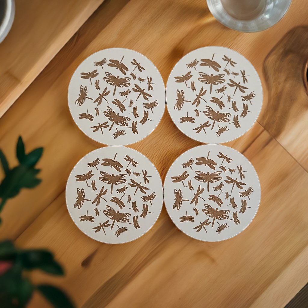 Set of 4, Dragonfly Collection, Round White Topped Drink Coasters with Bumper feet.