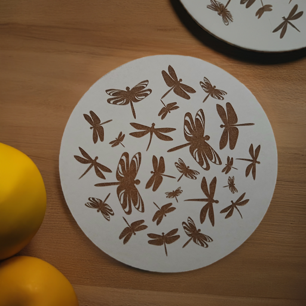 Set of 4, Dragonfly Collection, Round White Topped Drink Coasters with Bumper feet.