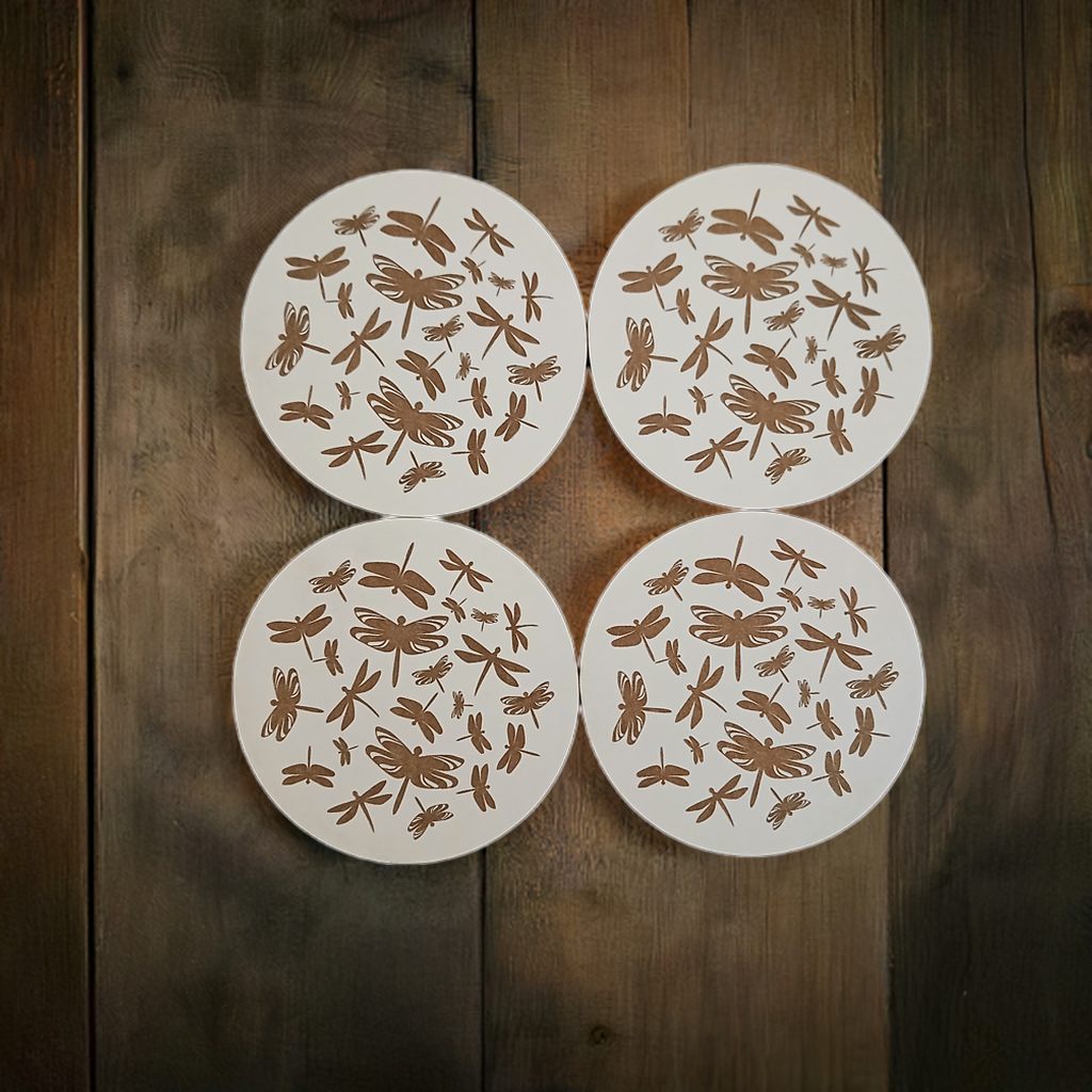 Set of 4, Dragonfly Collection, Round White Topped Drink Coasters with Bumper feet.