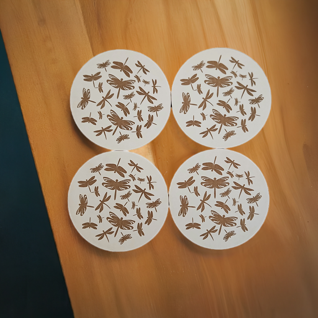 Set of 4, Dragonfly Collection, Round White Topped Drink Coasters with Bumper feet.