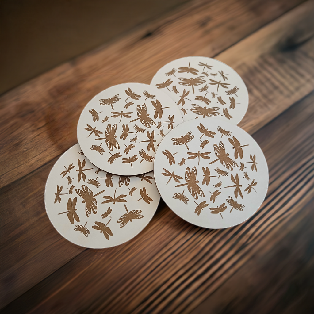 Set of 4, Dragonfly Collection, Round White Topped Drink Coasters with Bumper feet.