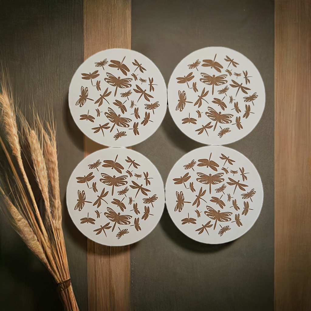 Set of 4, Dragonfly Collection, Round White Topped Drink Coasters with Bumper feet.
