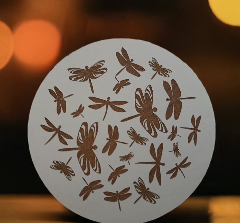 Set of 4, Dragonfly Collection, Round White Topped Drink Coasters with Bumper feet.