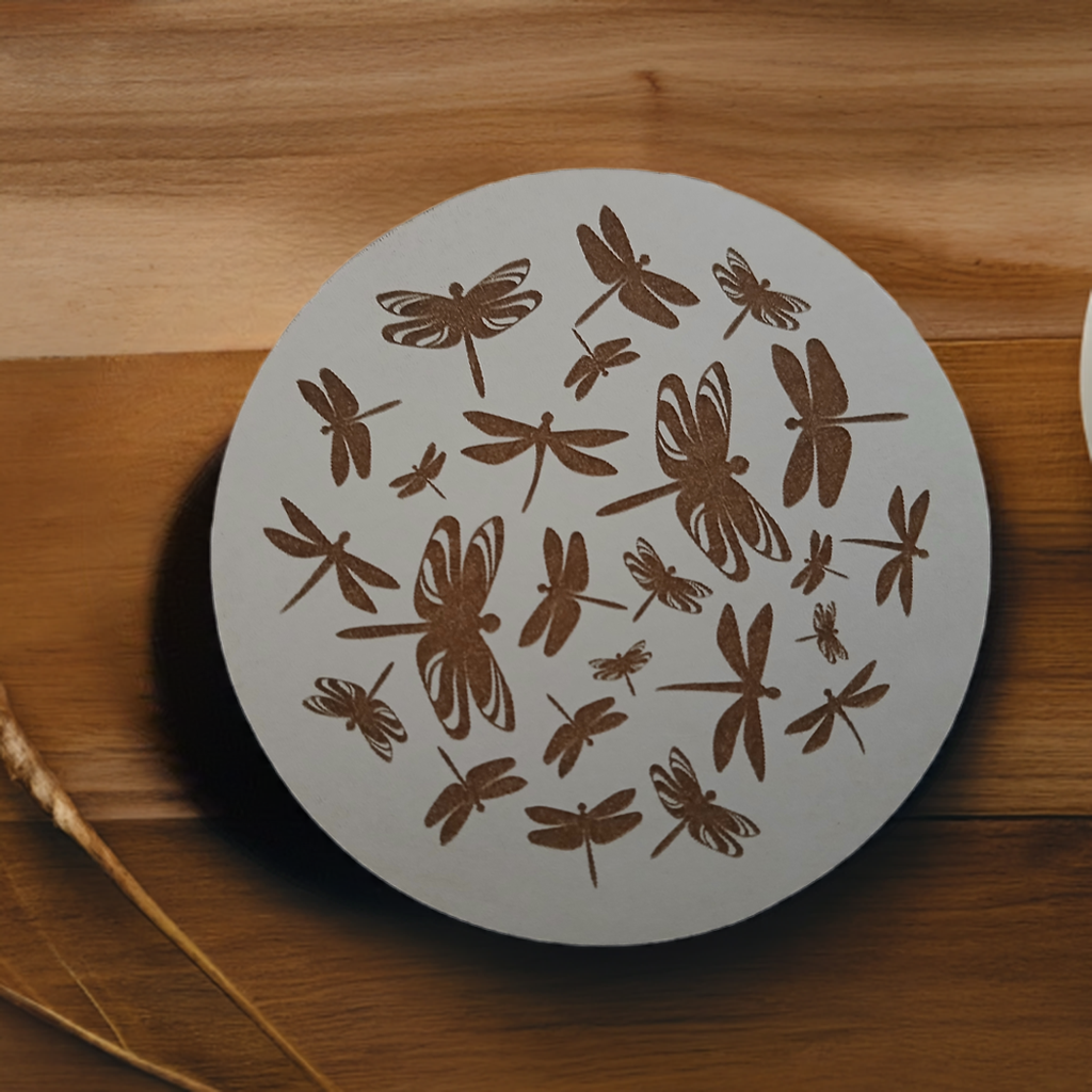 Set of 4, Dragonfly Collection, Round White Topped Drink Coasters with Bumper feet.