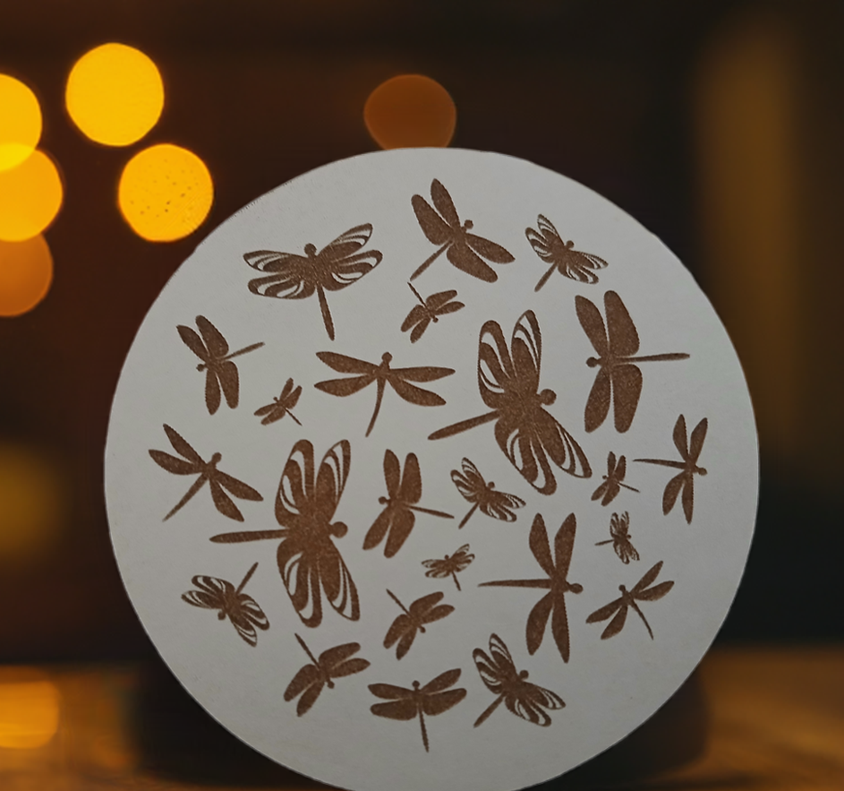 Set of 4, Dragonfly Collection, Round White Topped Drink Coasters with Bumper feet.