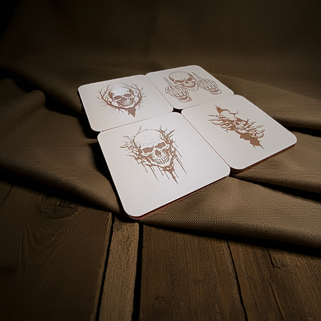 Set of 4, Macabre Collection, skull white topped wood drink coasters with bumper feet.