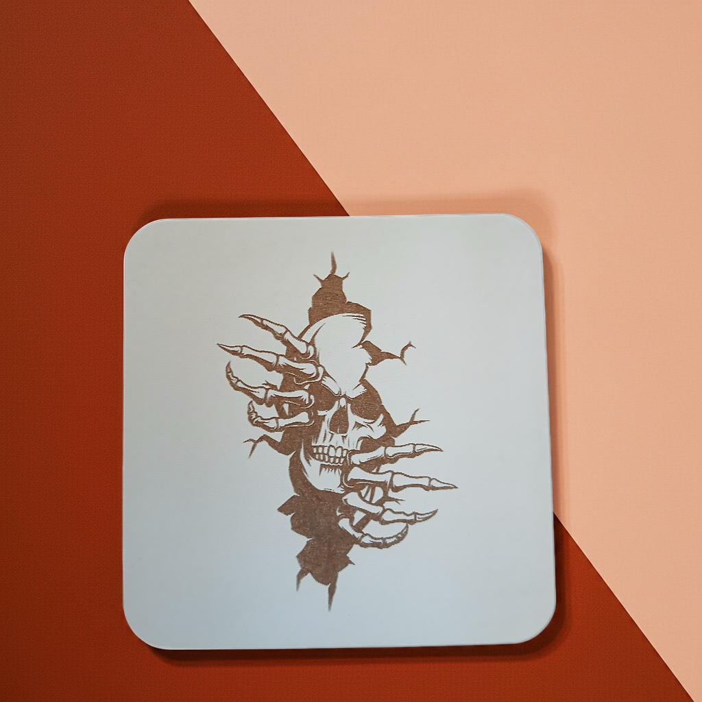 Set of 4, Macabre Collection, skull white topped wood drink coasters with bumper feet.