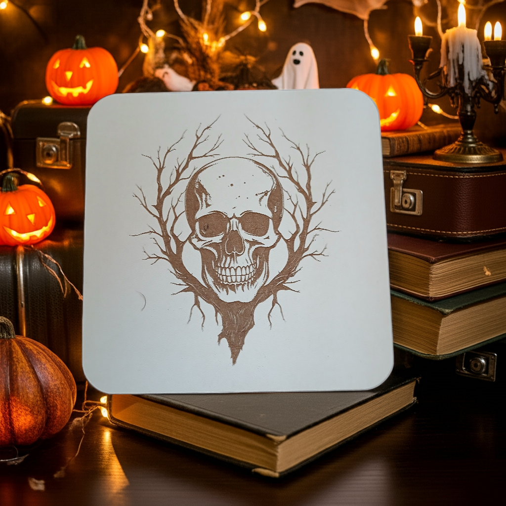Set of 4, Macabre Collection, skull white topped wood drink coasters with bumper feet.