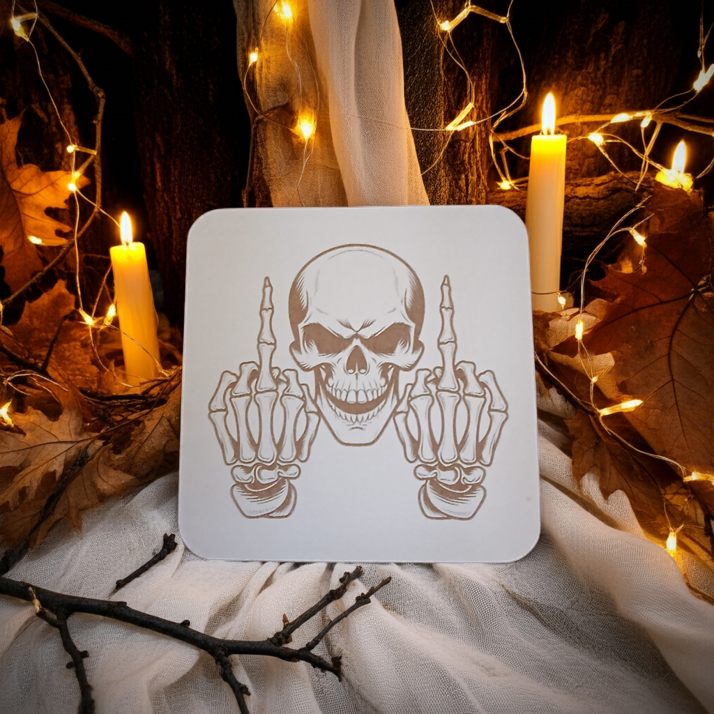 Set of 4, Macabre Collection, skull white topped wood drink coasters with bumper feet.