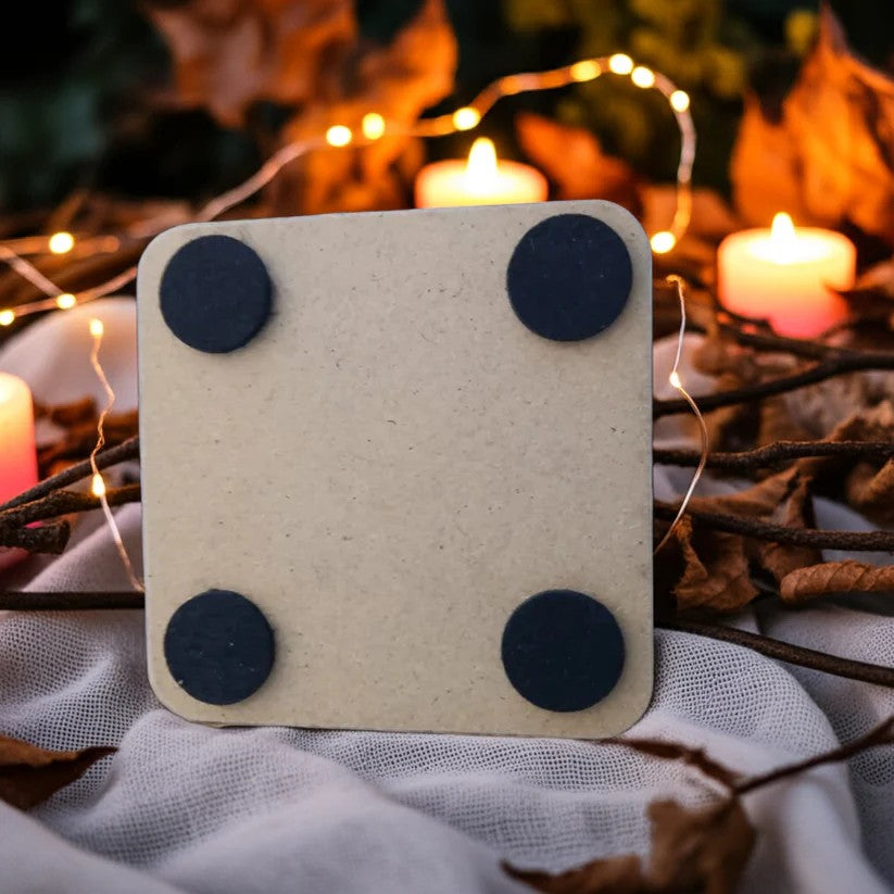 Set of 4, Magic Potion Bottle Drink Coasters on White Topped Wood, 9.5cm, with bumper feet.