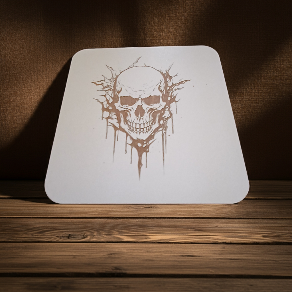 Set of 4, Macabre Collection, skull white topped wood drink coasters with bumper feet.
