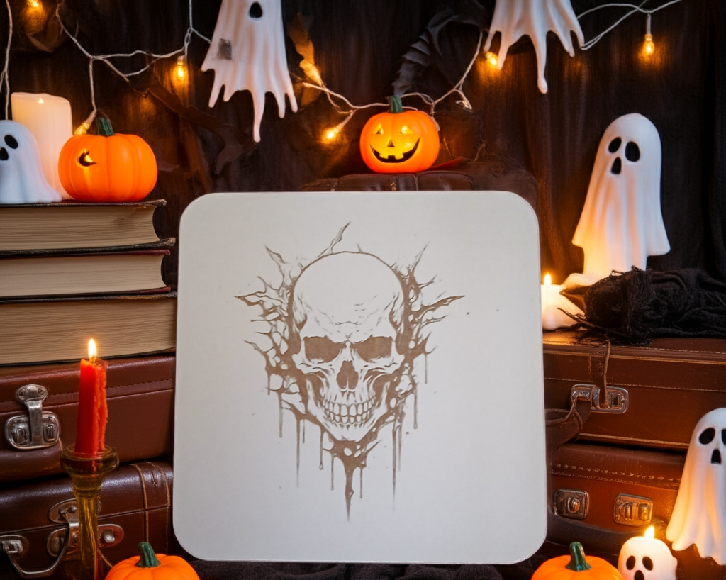 Set of 4, Macabre Collection, skull white topped wood drink coasters with bumper feet.