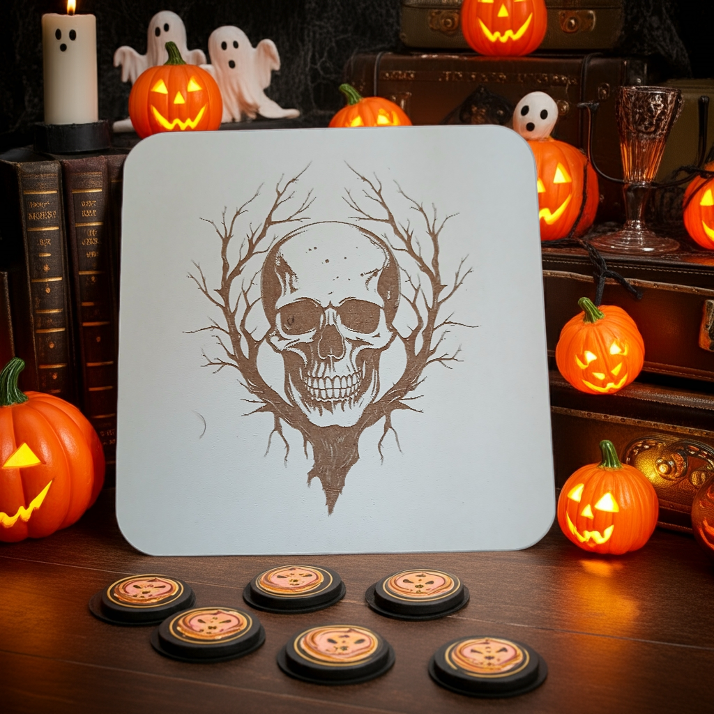 Set of 4, Macabre Collection, skull white topped wood drink coasters with bumper feet.