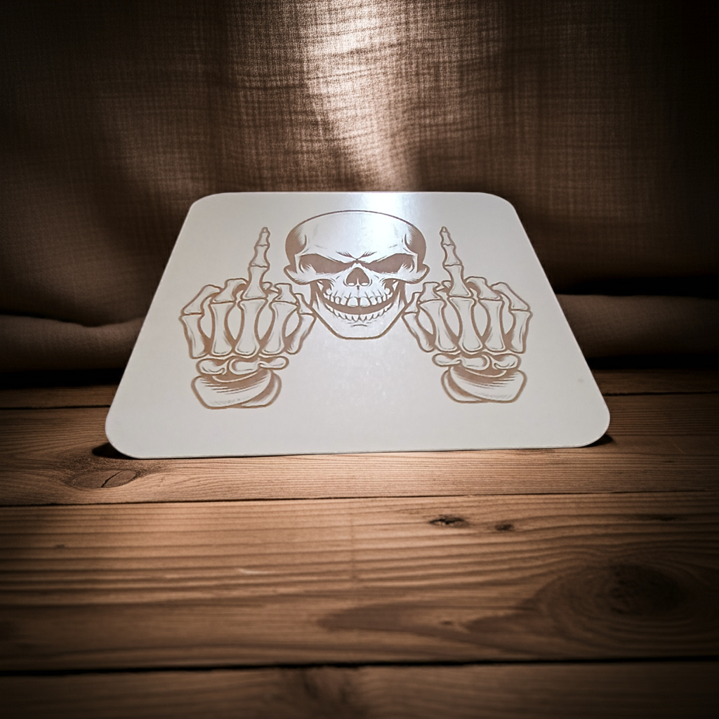 Set of 4, Macabre Collection, skull white topped wood drink coasters with bumper feet.