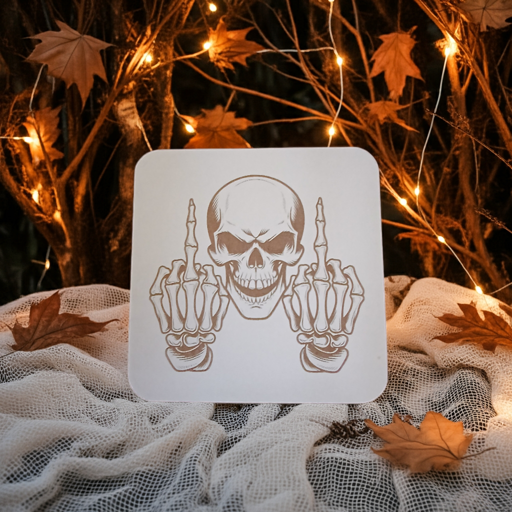 Set of 4, Macabre Collection, skull white topped wood drink coasters with bumper feet.