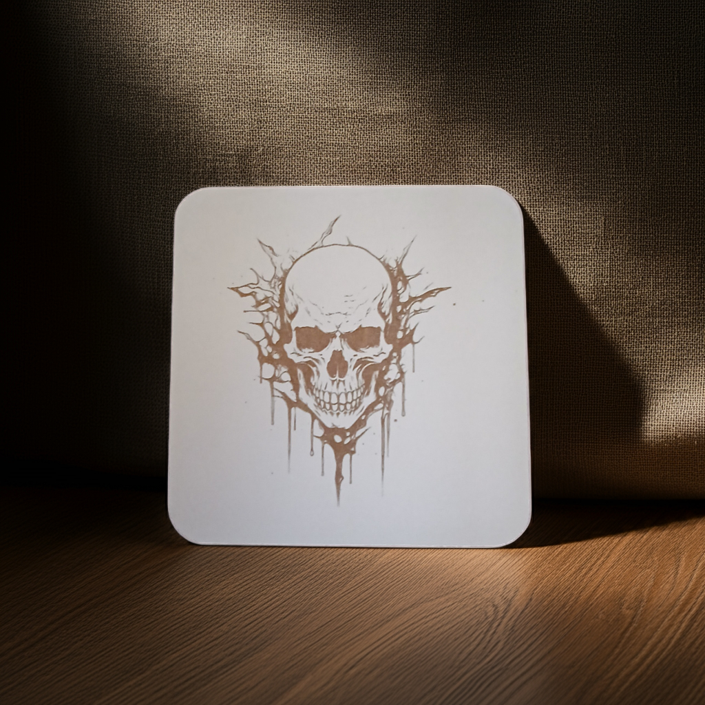 Set of 4, Macabre Collection, skull white topped wood drink coasters with bumper feet.