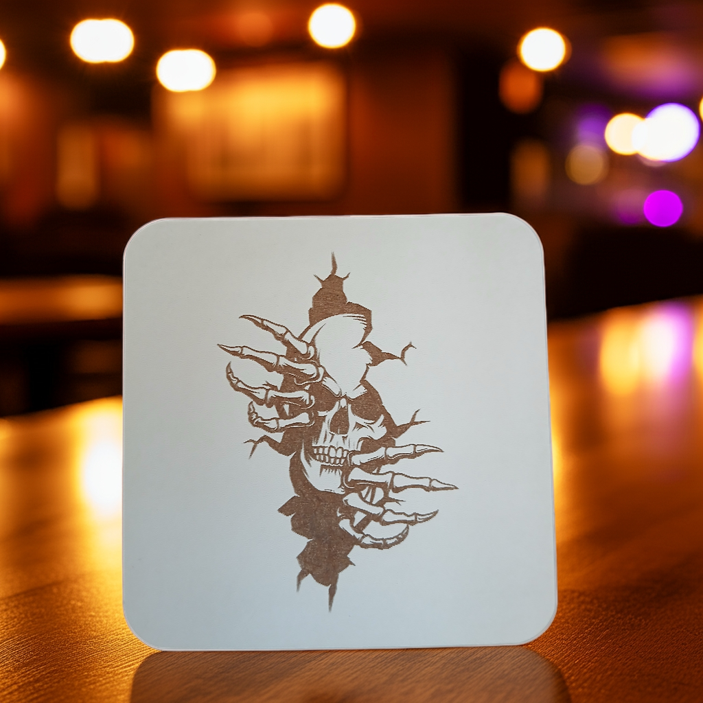 Set of 4, Macabre Collection, skull white topped wood drink coasters with bumper feet.